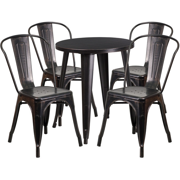 Indoor/Outdoor Cafe Metal 5 Piece set- 24" Round Table with 4 Stack Chairs-Antique Gold