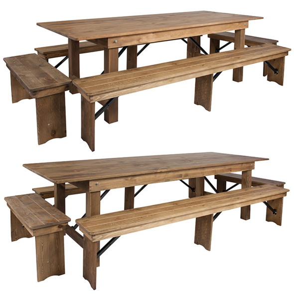 40" Wide Hercules Antique Rustic Solid Pine Folding Farm Table with 2 Long Benches & 2 Short Benches Set