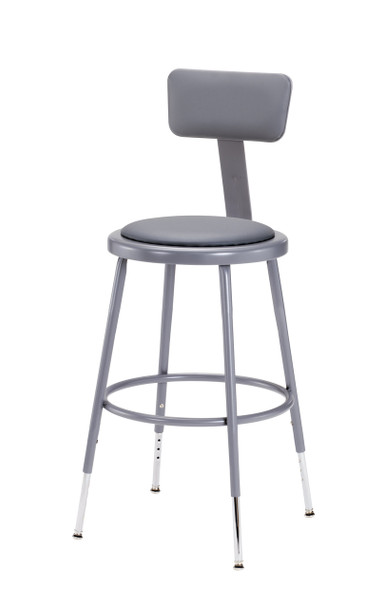 24" High Grey Adjustable Round Science Lab Stool With Padded Seat and Backrest.