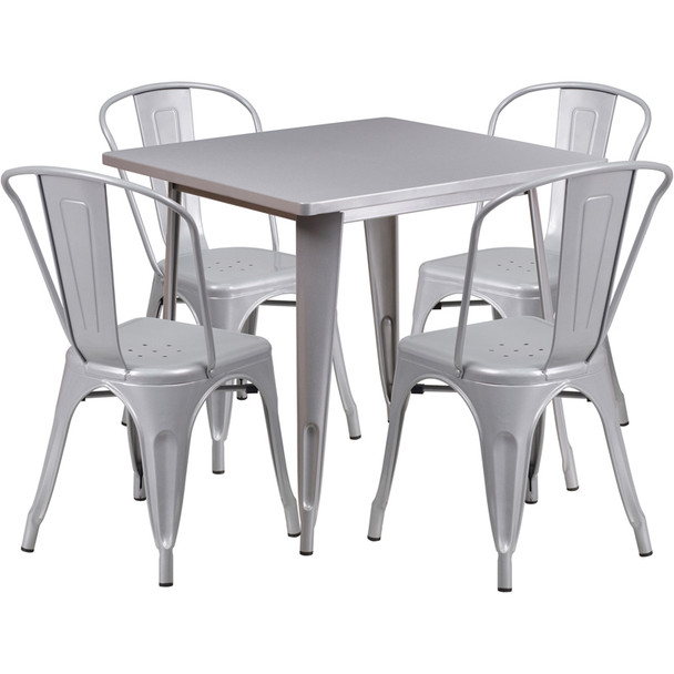 Indoor/Outdoor Cafe Metal 5 Piece set- 31.5" Square Table set with 4 Stack Chairs-Silver