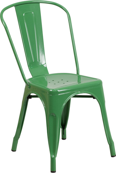 Indoor/Outdoor Cafe Metal 5 Piece set- 31.5" Square Table set with 4 Stack Chairs-Green Chair