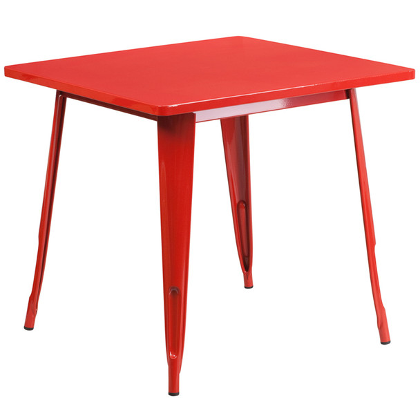 Indoor/Outdoor Cafe Metal 5 Piece set- 31.5" Square Table set with 4 Stack Chairs-Red Table