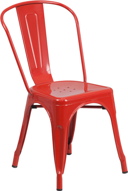 Indoor/Outdoor Cafe Metal 7 Piece set- 31.5" x 63" Rectangle Table with 6 Stack Chairs--Red Chair