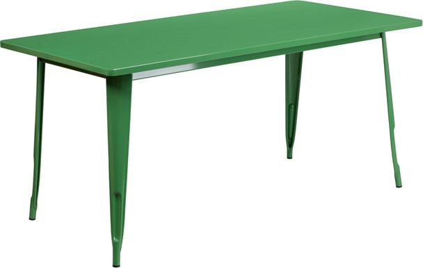 Indoor/Outdoor Cafe Metal 7 Piece set- 31.5" x 63" Rectangle Table with 6 Stack Chairs-Green Table