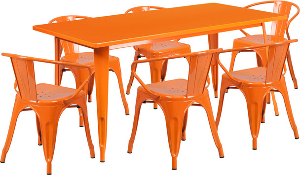 Indoor/Outdoor Cafe Metal 7 Piece set- 31.5" x 63" Rectangle Table with 6 Arm Chairs-Orange