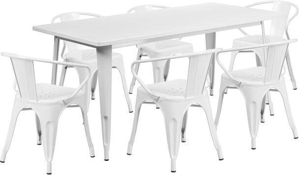 Indoor/Outdoor Cafe Metal 7 Piece set- 31.5" x 63" Rectangle Table with 6 Arm Chairs-White