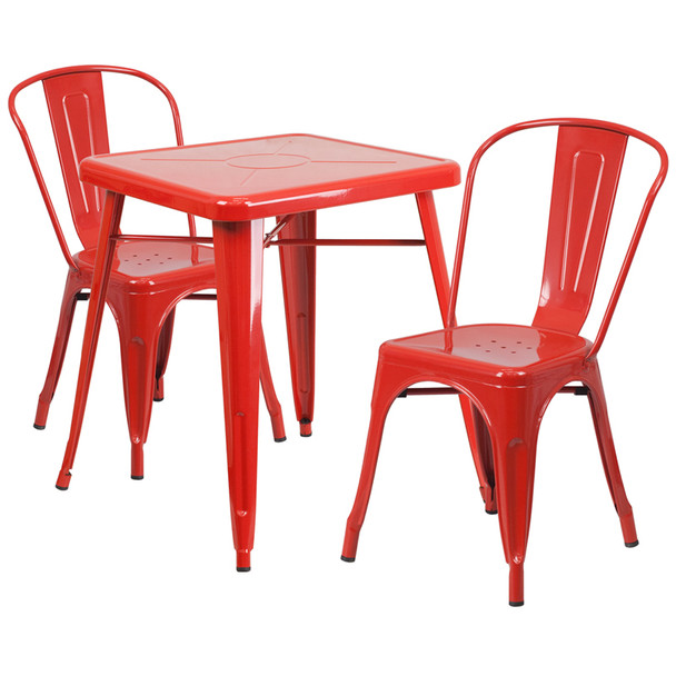 Indoor/Outdoor Cafe Metal 3 Piece set- 23.75" Square Table with 2 Stack Chairs-Red