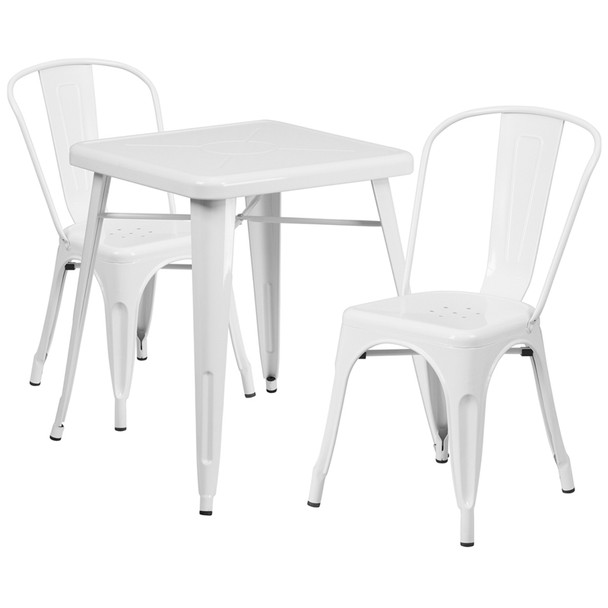 Indoor/Outdoor Cafe Metal 3 Piece set- 23.75" Square Table with 2 Stack Chairs-White