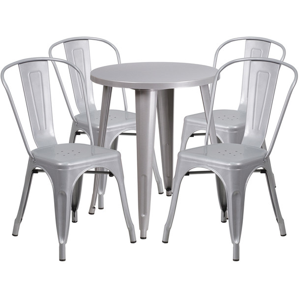 Indoor/Outdoor Cafe Metal 5 Piece set- 24" Round Table with 4 Stack Chairs-Silver