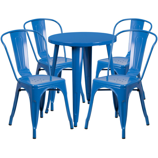 Indoor/Outdoor Cafe Metal 5 Piece set- 24" Round Table with 4 Stack Chairs-Blue