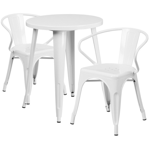 Indoor/Outdoor Cafe Metal 3 Piece set-24" Round Table with 2 Arm Chairs-White
