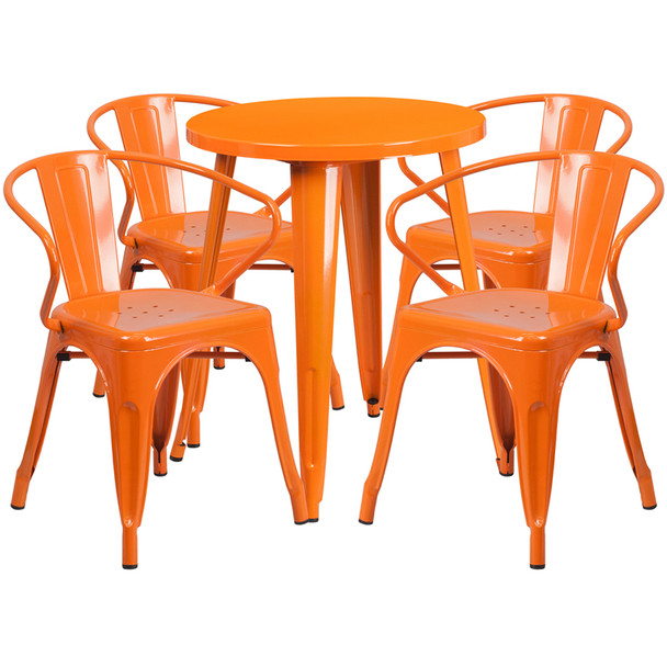 Indoor/Outdoor Cafe Metal 5 Piece set- 24" Round Table with 4 Arm Chairs-Orange