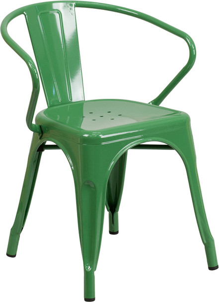 Indoor/Outdoor Cafe Metal 5 Piece set- 31.5"Square Table with 4 Arm Chairs -Green Chair