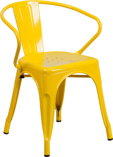 Indoor/Outdoor Cafe Metal 5 Piece set- 31.5"Square Table with 4 Arm Chairs -Yellow Chair