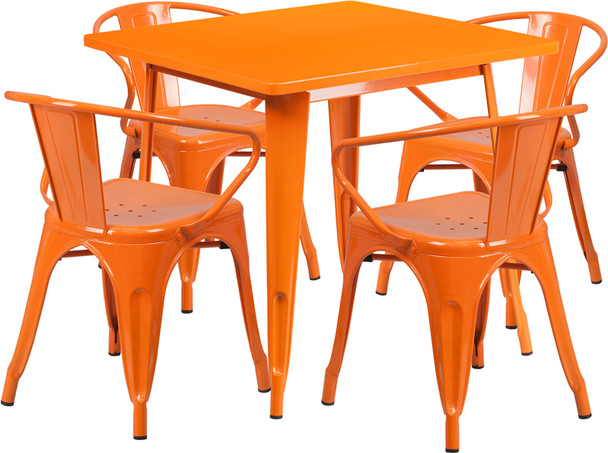 Indoor/Outdoor Cafe Metal 5 Piece set- 31.5"Square Table with 4 Arm Chairs -Orange