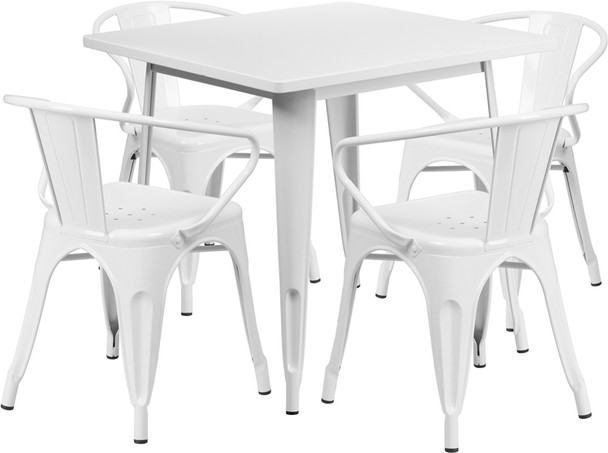 Indoor/Outdoor Cafe Metal 5 Piece set- 31.5"Square Table with 4 Arm Chairs -White