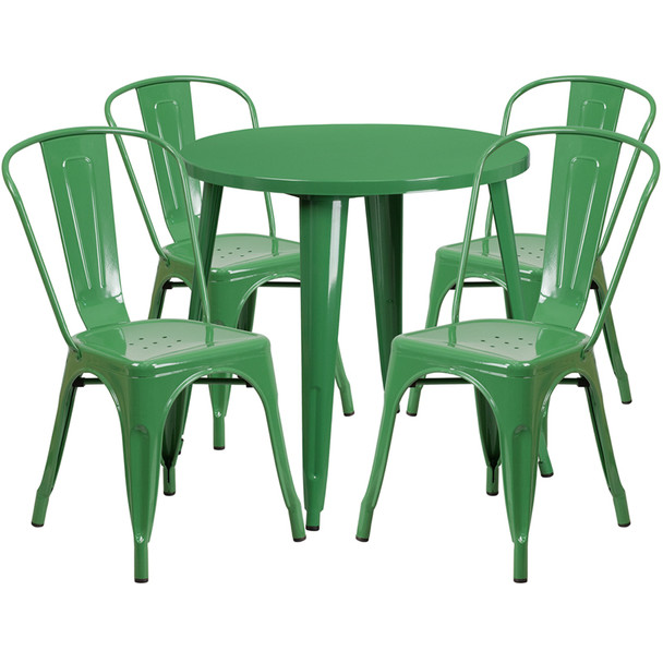 Indoor/Outdoor Cafe Metal 5 Piece set- 30" Round Table with 4 Stack Chairs-Green