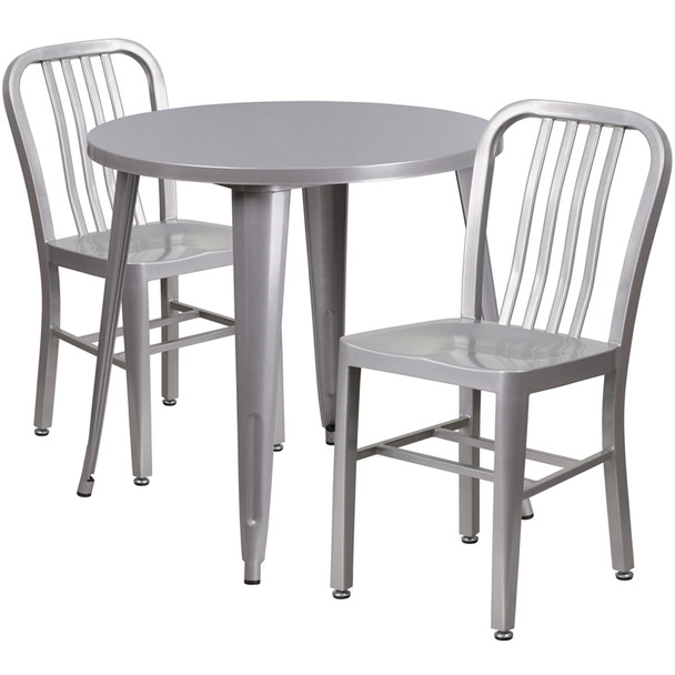 Metal Indoor/Outdoor Cafe Table Set with Vertical Slat Chairs-30" Round with 2 Chairs-Silver