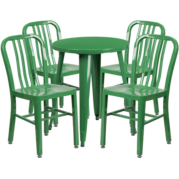 Metal Indoor/Outdoor Cafe Table Set with Vertical Slat Chairs-24" Round with 4 Chairs-Green