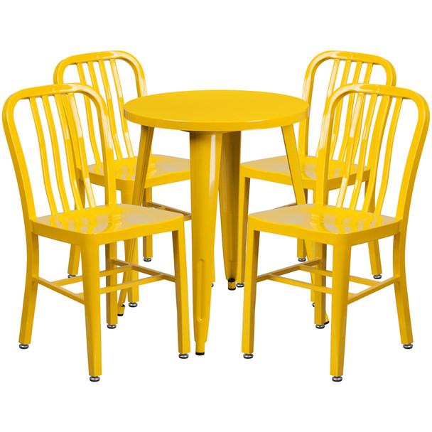 Metal Indoor/Outdoor Cafe Table Set with Vertical Slat Chairs-24" Round with 4 Chairs-Yellow