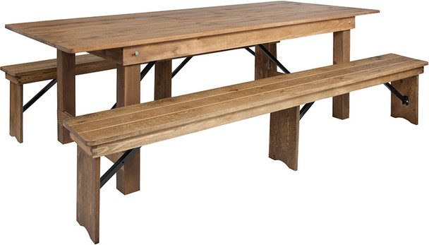 40" Wide Hercules Antique Rustic Solid Pine Folding Farm with 2 Bench Set -8 Foot Table with 2 Benches