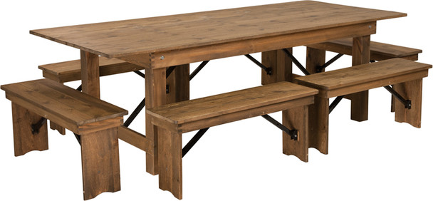 40" Wide Hercules Antique Rustic Solid Pine Folding Farm Table with 6 Short Benches
