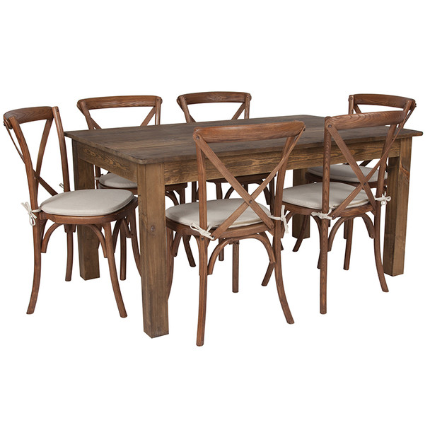 60" x 38"x Antique Rustic Farm Table Set with 4 or 6 Cross Back Chairs and Cushions (6 Cross Back Chairs)