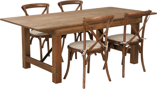 7 Ft Antique Rustic Farm Table Set with 4, 6, or 8 Cross Back Chairs and Cushions -4 Cross Back Chairs