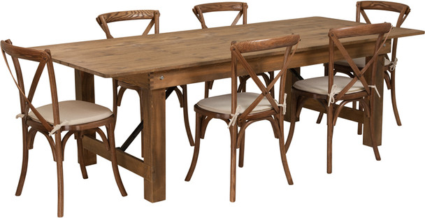 8 Ft Antique Rustic Farm Table Set with 6, 8, or 10 Cross Back Chairs and Cushions-6 Cross Back Chairs