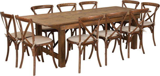 8 Ft Antique Rustic Farm Table Set with 6, 8, or 10 Cross Back Chairs and Cushions-10 Cross Back Chairs