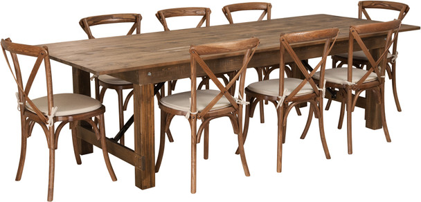 9 Ft Antique Rustic Farm Table Set with 8, 10, or 12 Cross Back Chairs and Cushions-8 Chairs