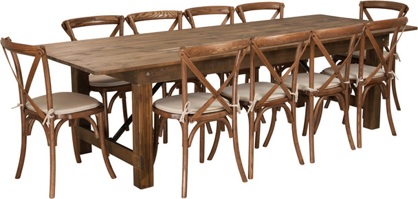 9 Ft Antique Rustic Farm Table Set with 8, 10, or 12 Cross Back Chairs and Cushions-10 Chairs