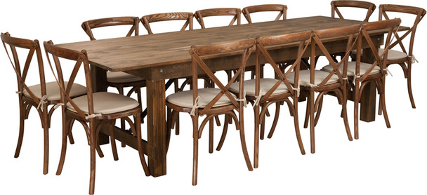 9 Ft Antique Rustic Farm Table Set with 8, 10, or 12 Cross Back Chairs and Cushions-12 Chairs