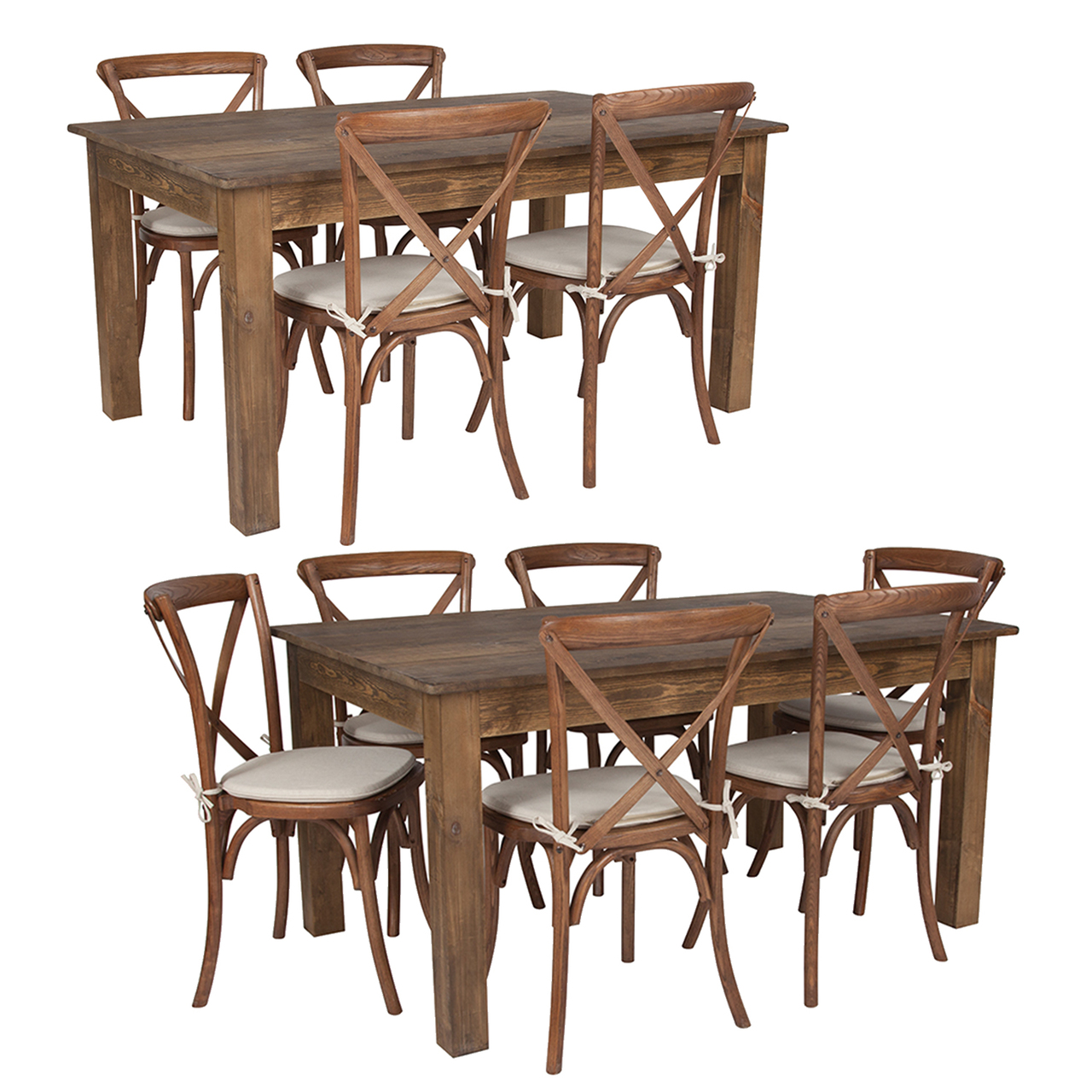 60 X 38x Antique Rustic Stained Farm Table Set With 4 Or 6 Pecan Cross Back Chairs And Cushions Foldingchairsandtablescom 60 X 38x Antique Rustic Stained Farm Table Set With 4 Or 6 Pecan Cross Back Chairs And Cushions Foldingchairsandtablescom