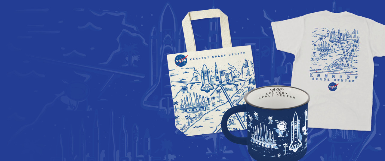 Kennedy Space Center Aerial Tote, T-Shirt, and Mug on Blue Background