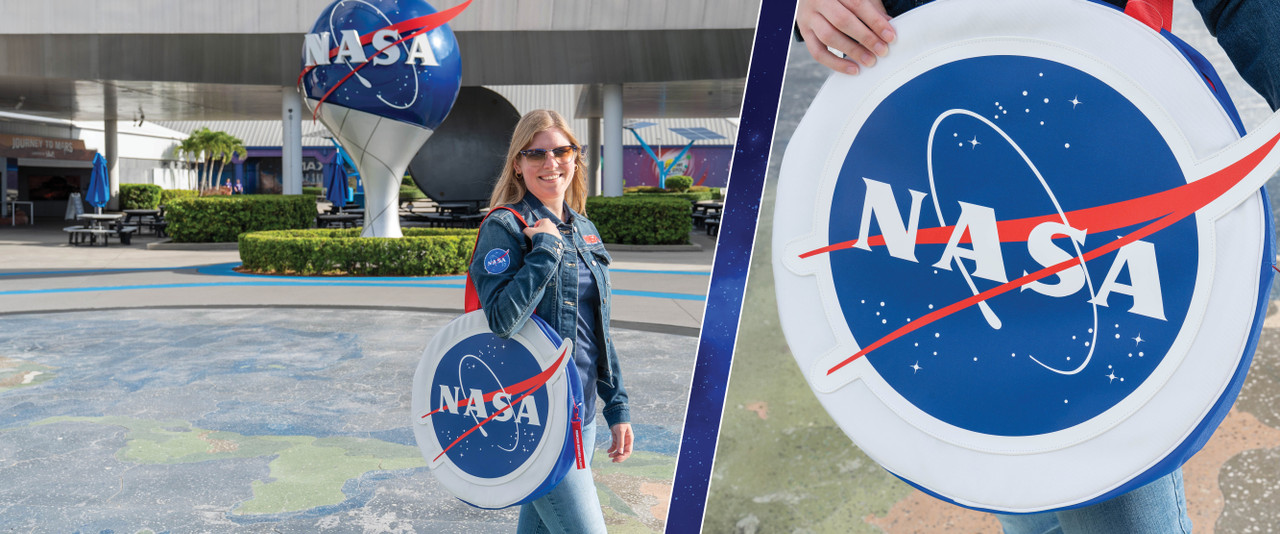 Woman With NASA tote and jean jacket at Kennedy Space Center