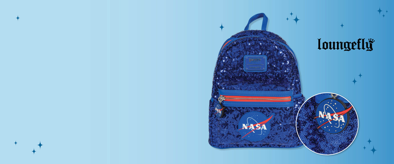 A blue Loungefly backpack with sequins on a blue background with sparkles.