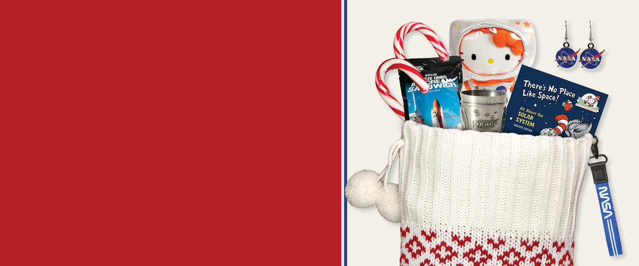Candy canes, hello kitty plush, earrings, and other gifts in a Christmas stocking.