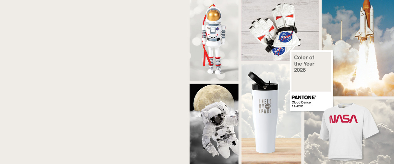 White NASA products to accounce Pantone's 2026 color of the year.