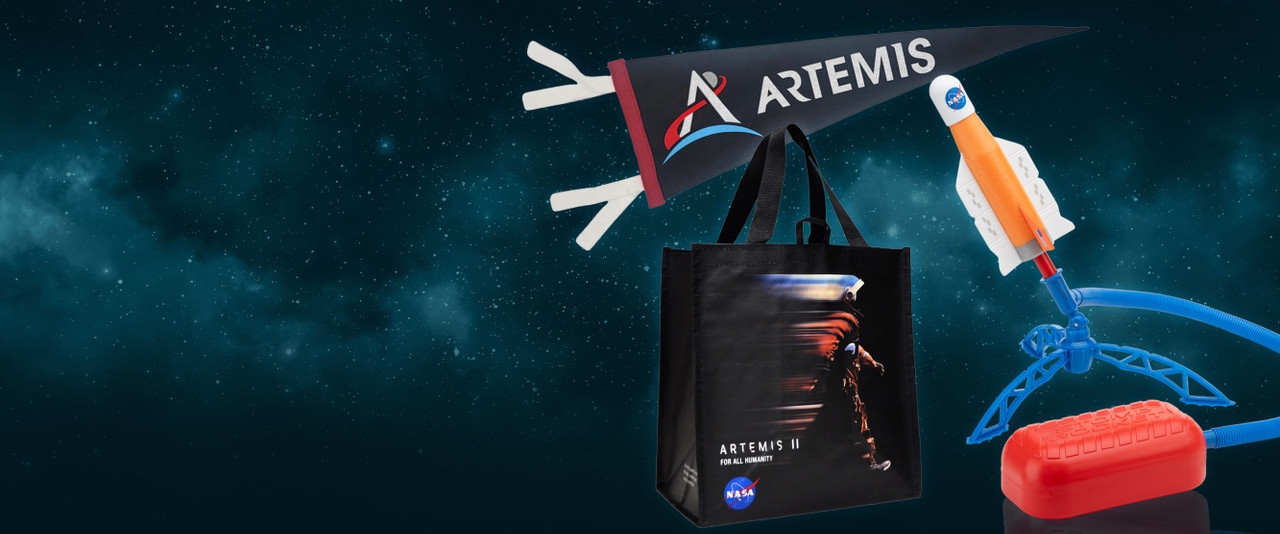 An Artemis reusable bag, pendant, and rocket toy on a cosmic background.