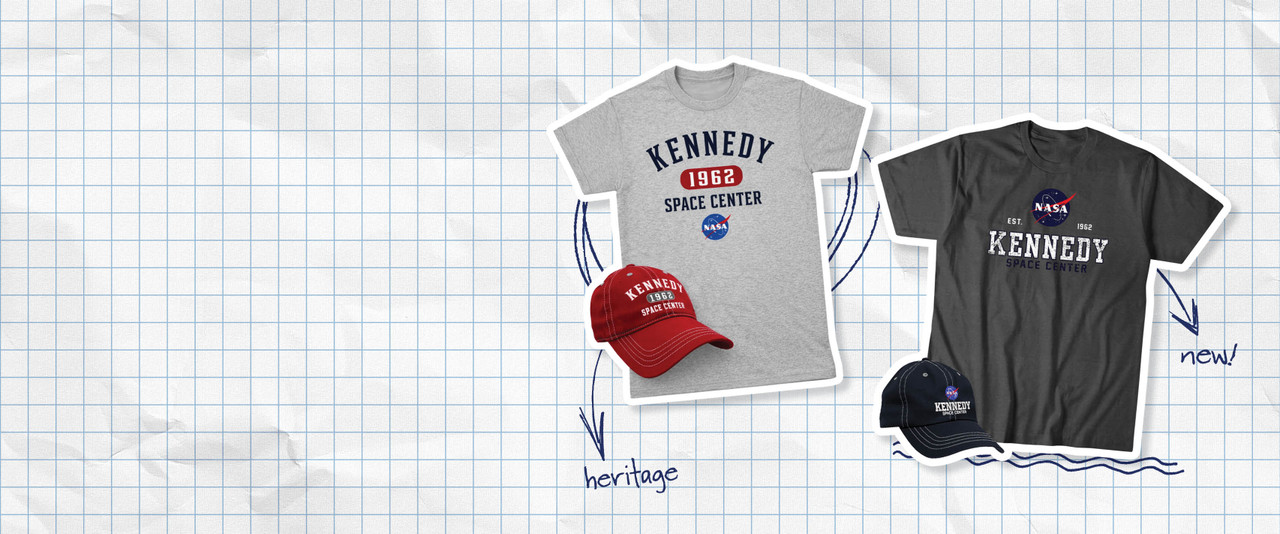 Kennedy Space Center grey tee with red hat and charcoal tee with navy hat on graph paper design.