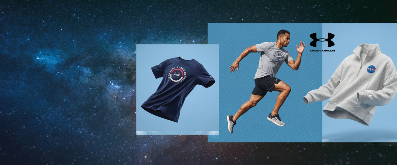 A man running in Under Armour gear and a blue tee and grey quarter zip with NASA stylig on a blue background.