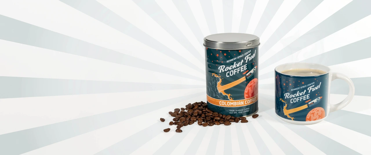 Kenned Space Center Rocket Fuel coffee canister and mug.