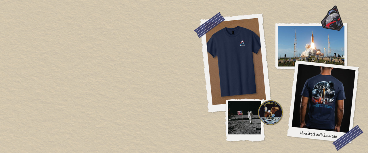scrapbook style layout of moon landing and artemis launch image alongside a man wearing a navy blue tee with apollo and artemis astronauts