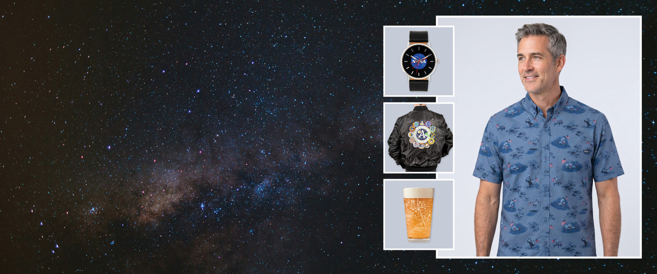 Man in a blue button up astronaut shirt surrounded by a NASA watch, jacket, and beer pint on a starfield background. 