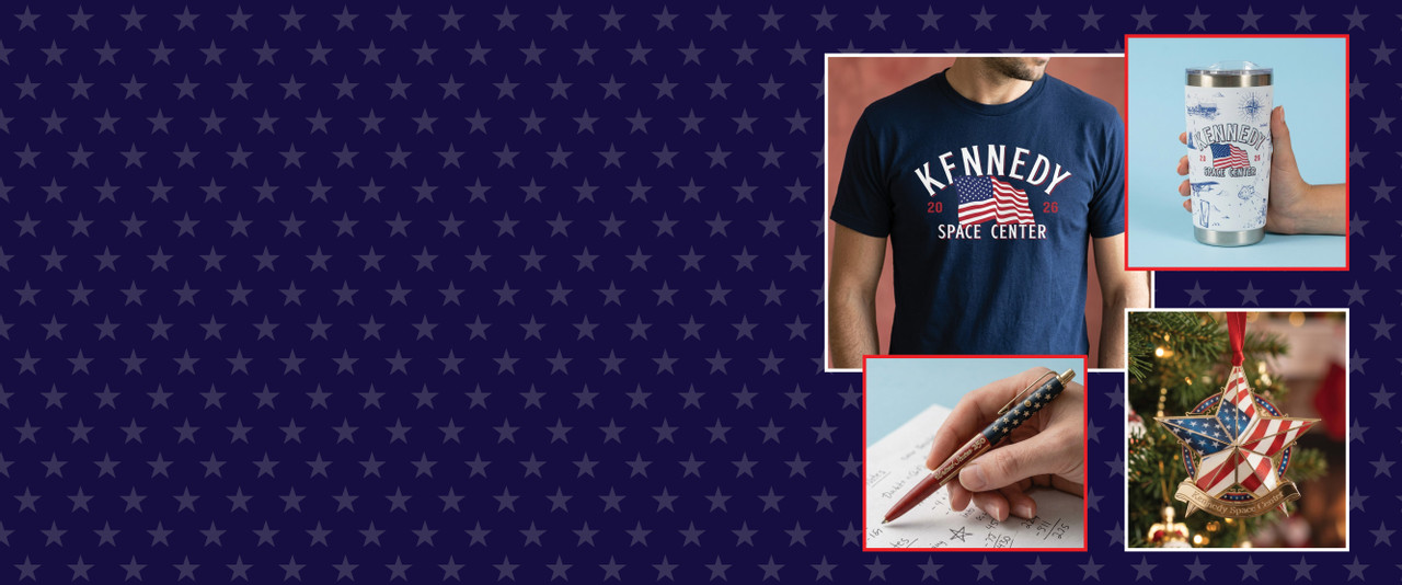 Man in American Flag Kennedy Space Center tee, tumbler, fisher space pen, and ornament on tree all on blue stars background.