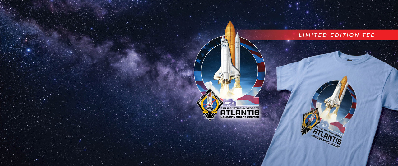 Blue STS 135 Atlantis 15th Anniversary Tee on starfield background.