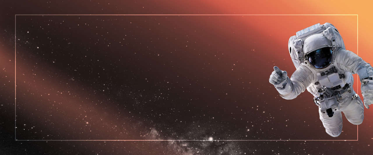 Astronaut in suit floating on black to yellow ombre starfield background.