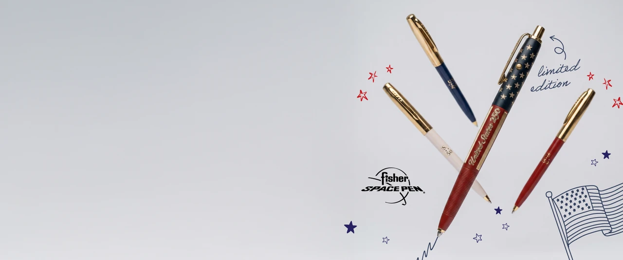 Red, white, and blue patriotic Fisher Space Pens on a white background with stars.