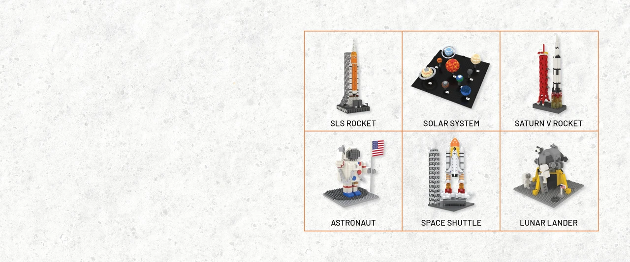 SLS rocket, solar system, Saturn V rocket, astronaut, space shuttle, and lunar lander mini building block sets on a white and grey speckled background.
